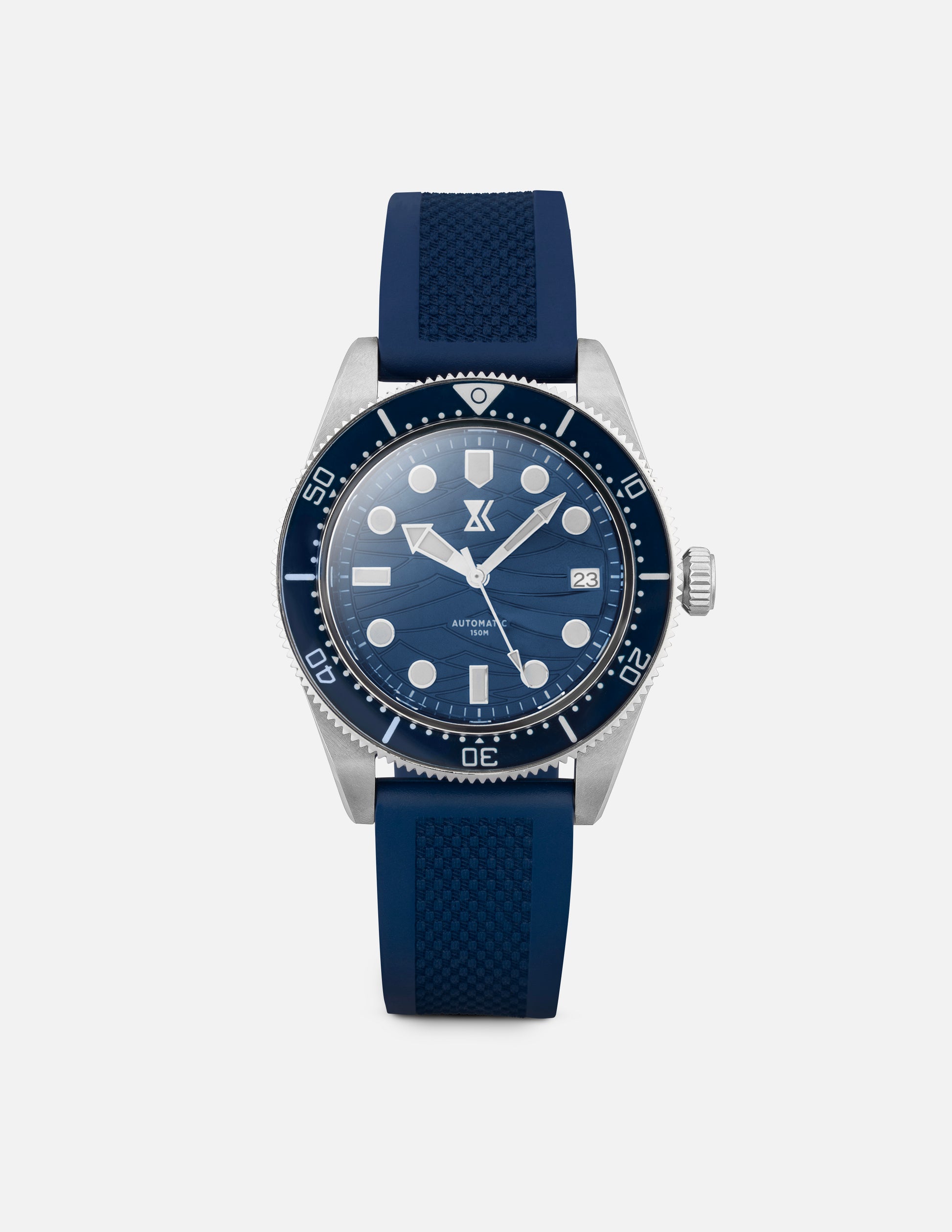 AQUARIA watch with a blue dial and blue rubber strap, featuring a stainless steel case and a sapphire crystal glass.